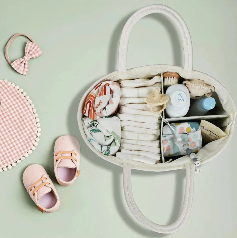 Baby Changing Basket Includes Diaper Caddy - Soft & Waterproof Dual-Cover, Portable, Changing Pad for Dresser & Changing Table, Gift for Baby Shower, Organic Cotton Rope