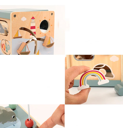 Wooden Activity Cube for Toddlers 5in1 Animal Shape Sorter Bead Maze Montessori Educational Toys Baby 6-12 Months Learning Toys