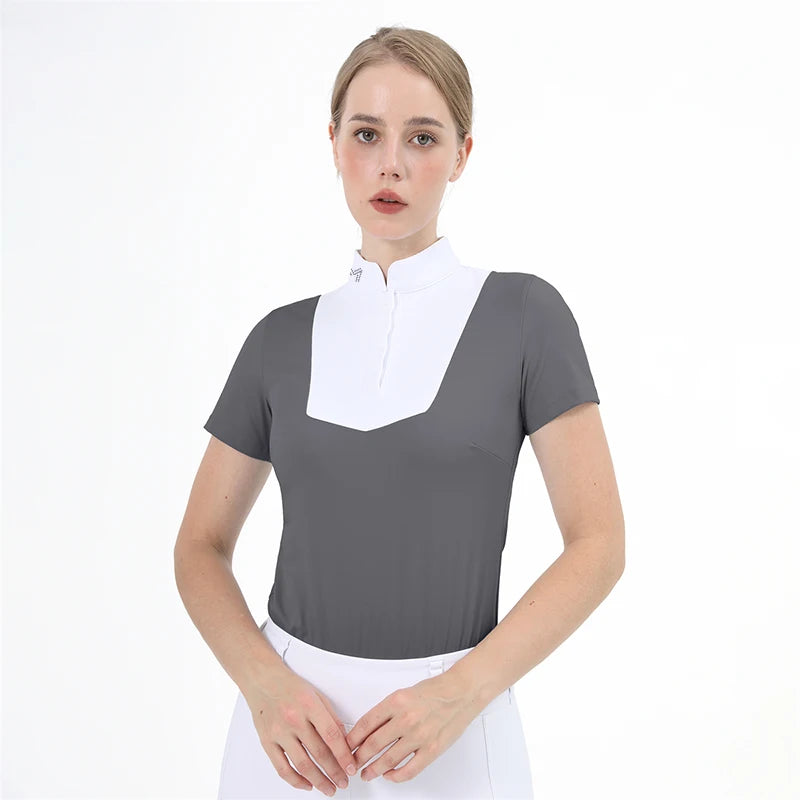 M LOGO Equestrian t-Shirts Short Sleeve Tops Horse Riding Clothing Women Button Training Rider Blouse Competition Show Top
