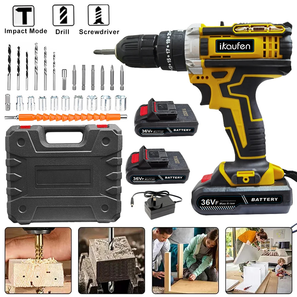 Cordless Drill: Multifunctional 21V rechargeable impact drill lithium battery cross-border flashlight gun drill electric screwdriver electric dr