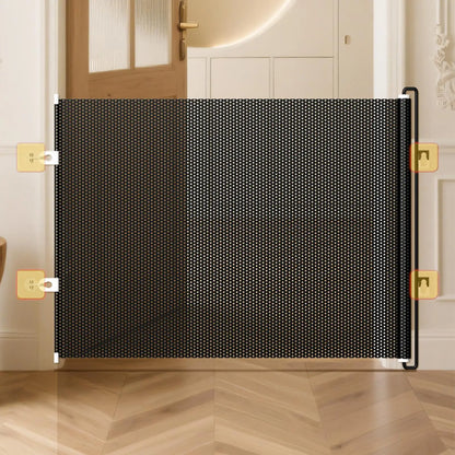Tall Retractable Dog Gate Mesh Baby Fence Gate, Long Baby Gates Indoor Extra Long Gates for Kids or Pets, Outdoor Retractable Gate with Support Rods - Prevent Crawling Under