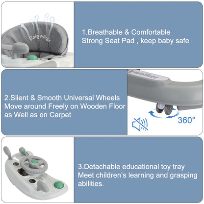 Foldable Baby Activity Walker, Push Walker with Removable Feeding Tray and Music Tray(without batteries) for 6 Months & Up Baby