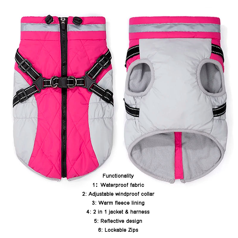 Small Dog Coat with Harness Built-in, Warm Dog Jacket with Zip, Reflective Winter Coat Pet Sweater Clothes for Small/Large Dogs