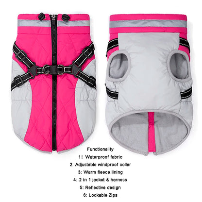 Small Dog Coat with Harness Built-in, Warm Dog Jacket with Zip, Reflective Winter Coat Pet Sweater Clothes for Small/Large Dogs