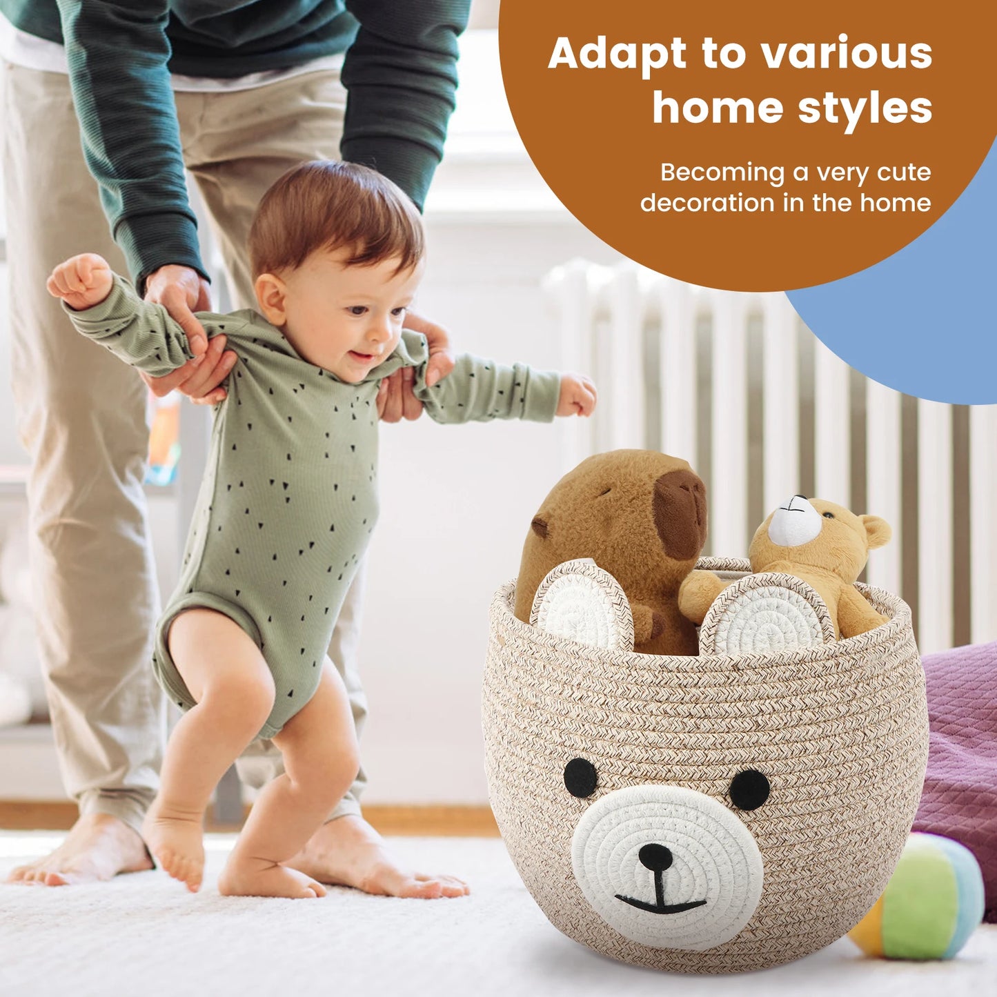 Storage Basket for Nursery – Large 29cmx29cm Cotton Rope Bin with Soft Felt Animal Patch – Toy Organizer, Baby Laundry Hamper, Diaper & Towel Holder – Foldable, Washable & Baby-Safe
