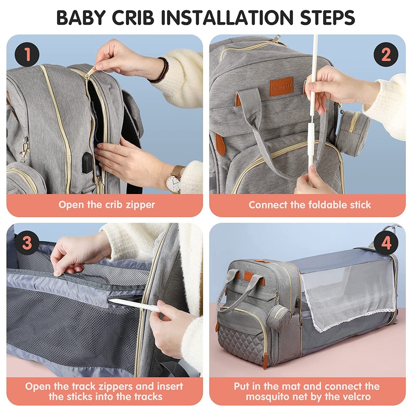 Diaper Bag Backpack  Foldable Baby Bed Waterproof Travel Bag with USB Charge Diaper Bag Backpack with Changing Bed 3 types