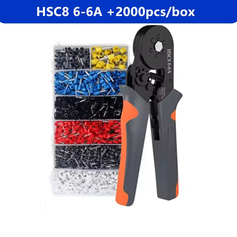Ferrule Crimping Tool Hexagonal Self-Adjustable Ratchet Kit 23-10AWG 0.25-6mm² Crimper Kit with 400-2000pcs Wire Terminals