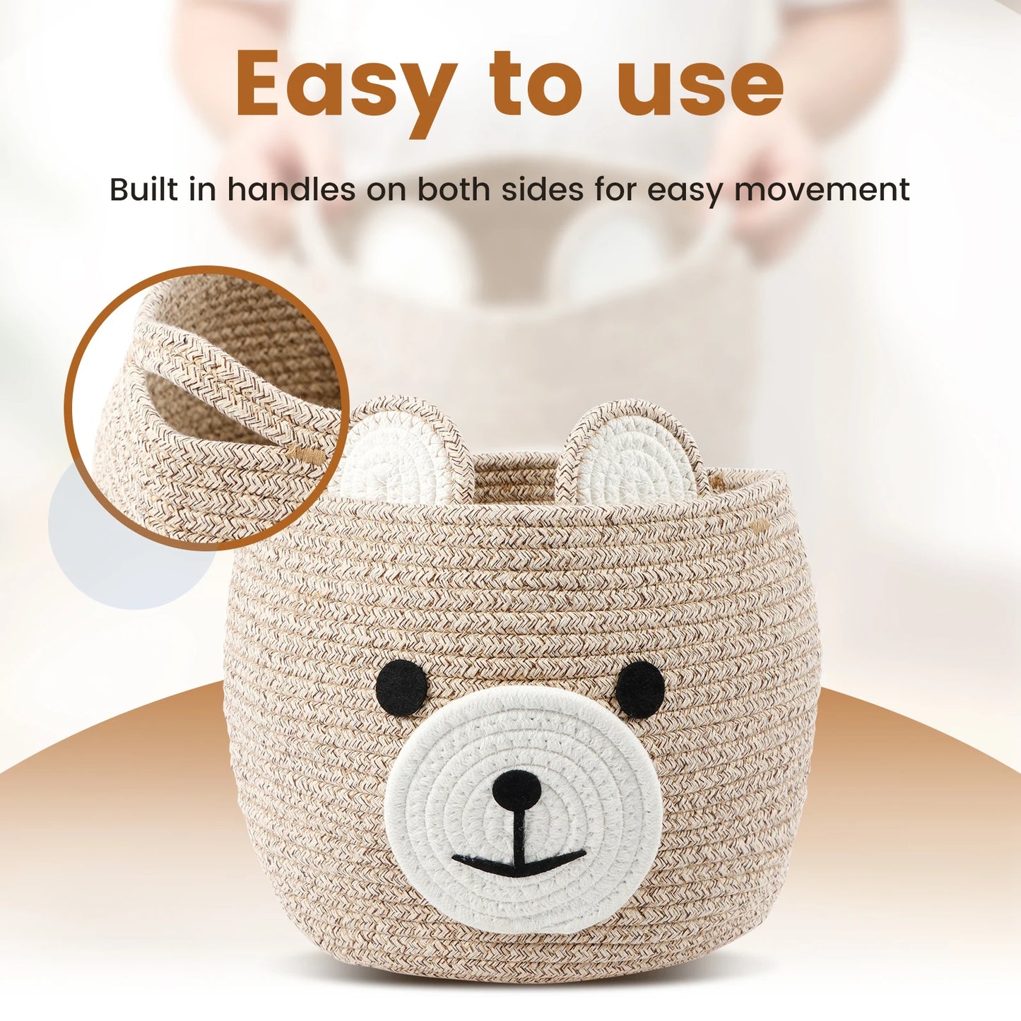 Storage Basket for Nursery – Large 29cmx29cm Cotton Rope Bin with Soft Felt Animal Patch – Toy Organizer, Baby Laundry Hamper, Diaper & Towel Holder – Foldable, Washable & Baby-Safe