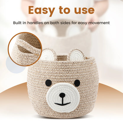 Storage Basket for Nursery – Large 29cmx29cm Cotton Rope Bin with Soft Felt Animal Patch – Toy Organizer, Baby Laundry Hamper, Diaper & Towel Holder – Foldable, Washable & Baby-Safe