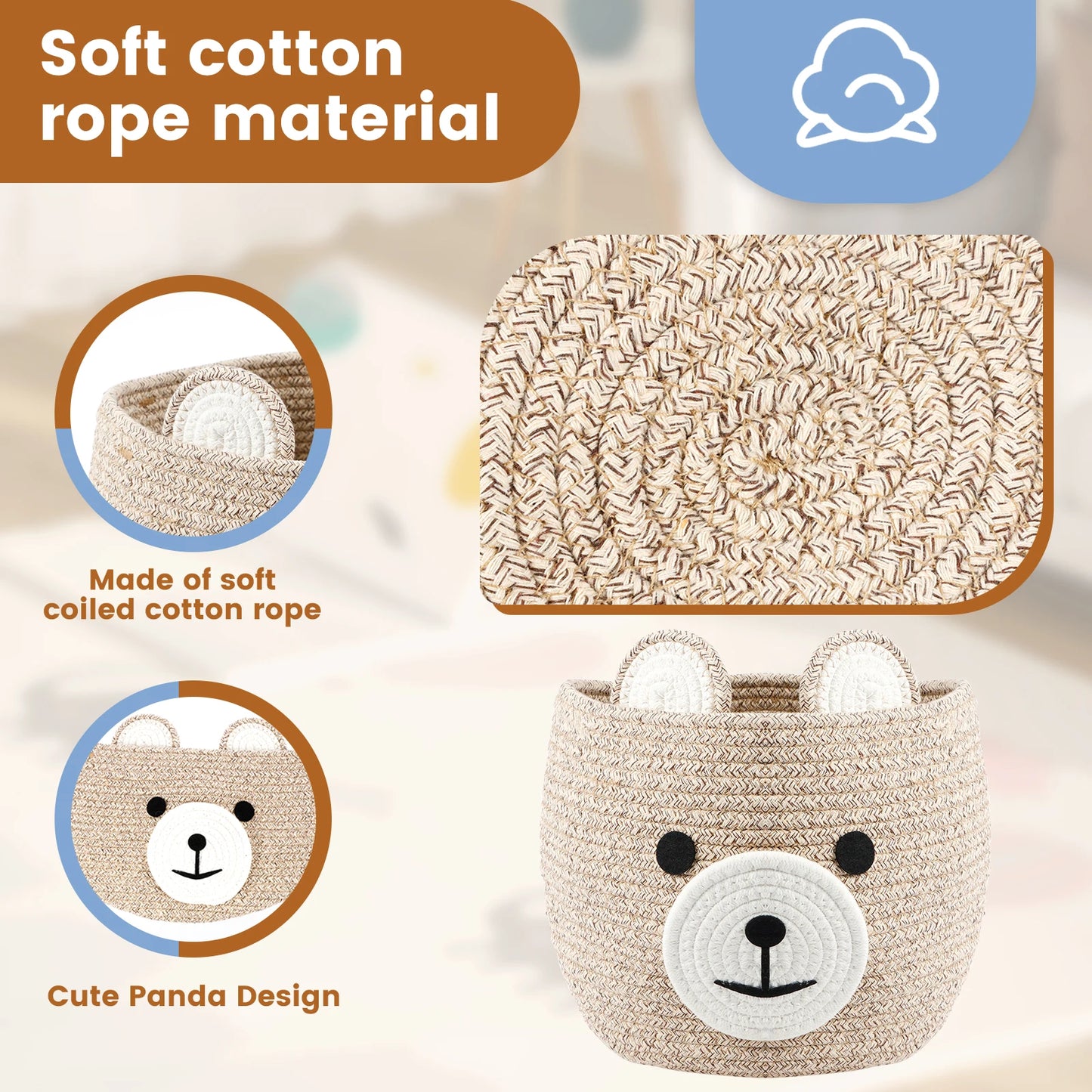 Storage Basket for Nursery – Large 29cmx29cm Cotton Rope Bin with Soft Felt Animal Patch – Toy Organizer, Baby Laundry Hamper, Diaper & Towel Holder – Foldable, Washable & Baby-Safe