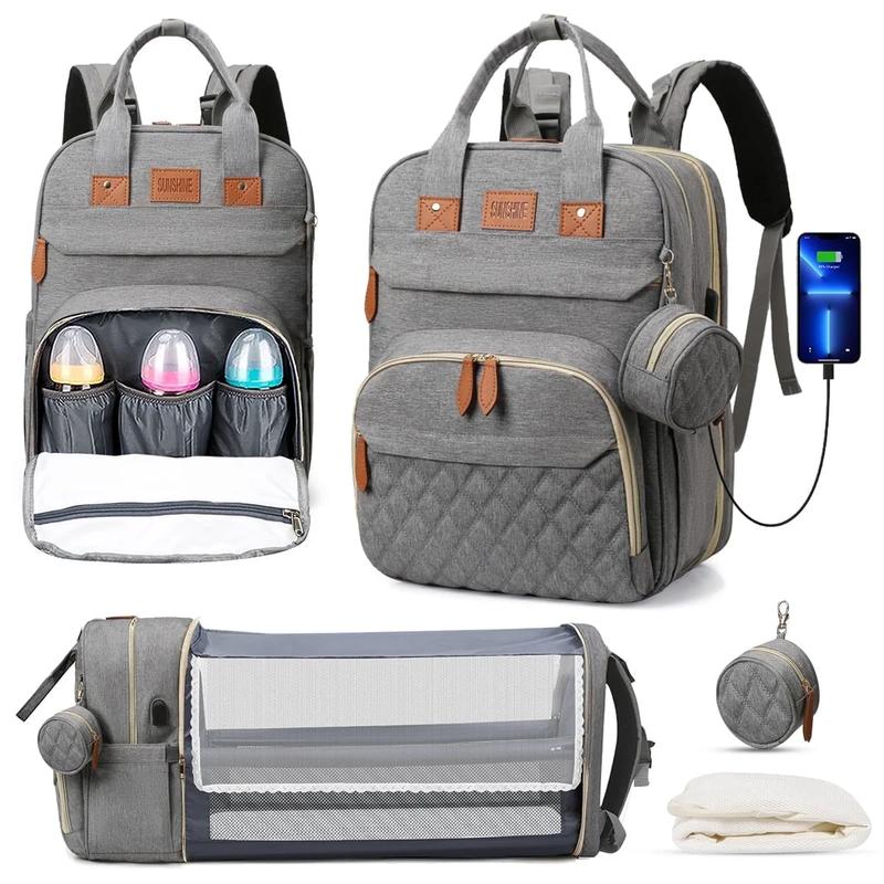 Diaper Bag Backpack  Foldable Baby Bed Waterproof Travel Bag with USB Charge Diaper Bag Backpack with Changing Bed 3 types