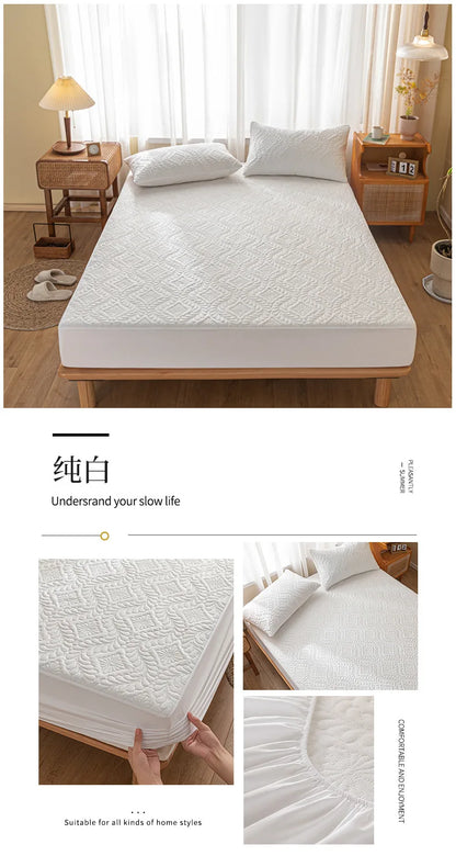 2025 new simple solid color washed cotton waterproof padded fitted sheet, No pillowcase, household mattress protective cover