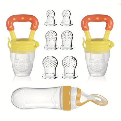 9pcs Baby Feeding Set: 1pc Silicone Squeeze Feeding Bottle With Spoon, 2pcs Fruit Feeder Pacifiers, 6pcs Mesh Pouches (2pcs S+2p