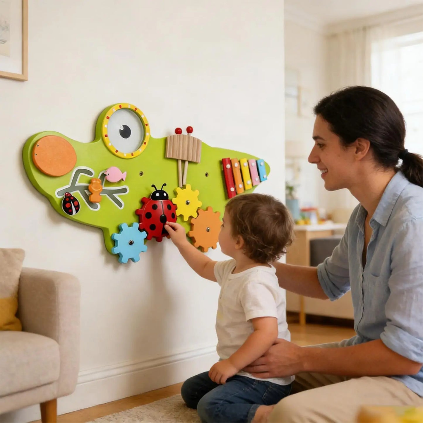 11-in-1 Kids Wall Busy Panels Wooden Sensory Board Montessori Sensory Learning Activity Center for Children Playroom Toys