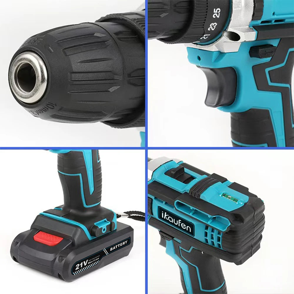 Cordless Drill: Multifunctional 21V rechargeable impact drill lithium battery cross-border flashlight gun drill electric screwdriver electric dr