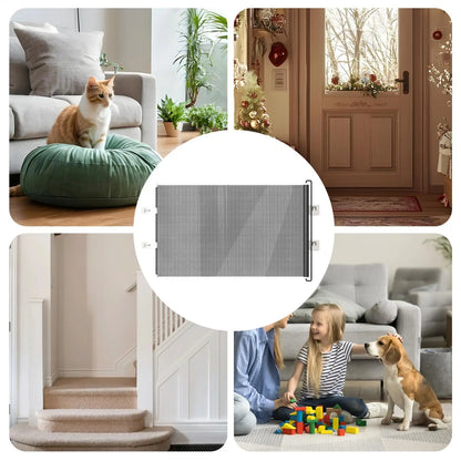 Tall Retractable Dog Gate Mesh Baby Fence Gate, Long Baby Gates Indoor Extra Long Gates for Kids or Pets, Outdoor Retractable Gate with Support Rods - Prevent Crawling Under