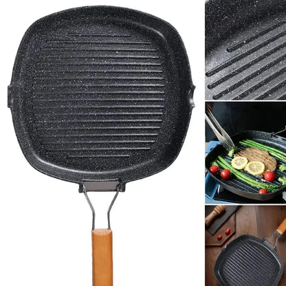 Foldable Portable Frying Pan Picnic Grill Pan Anti-scald Wooden Handle Outdoor Grill Pan Double Mouth Steak Pan(No Lid)