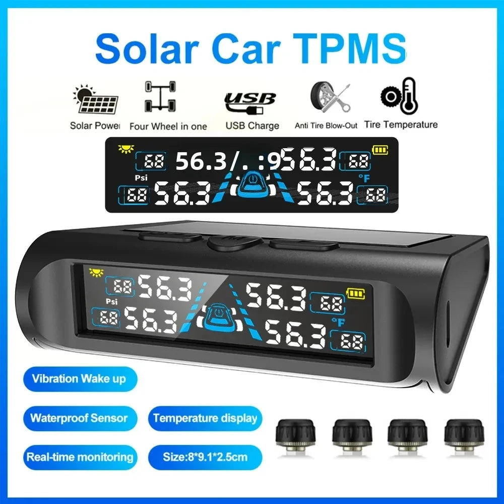 T121 USB/Solar TPMS Car Tyre Monitor with 4 External Temperature Sensors Digital LCD Display 0-6.8Bar Tire Pressure Gauge