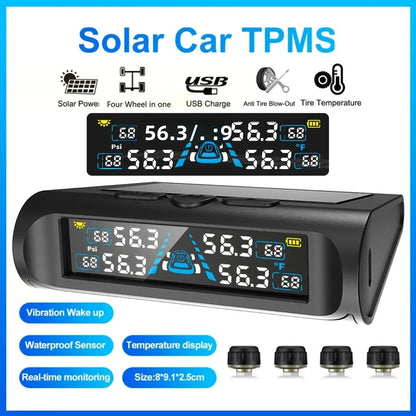 T121 USB/Solar TPMS Car Tyre Monitor with 4 External Temperature Sensors Digital LCD Display 0-6.8Bar Tire Pressure Gauge