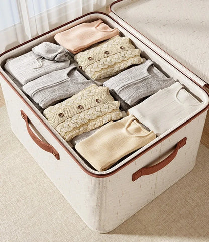 Extra Large Toy Storage Box with Lid, Collapsible Sturdy Toys Chest Storage Organizer Bin Basket | Heavy-duty Hard Shell Cotton Linen Zipper Storage Organizer Box with Lid for Clothes Toys Blankets