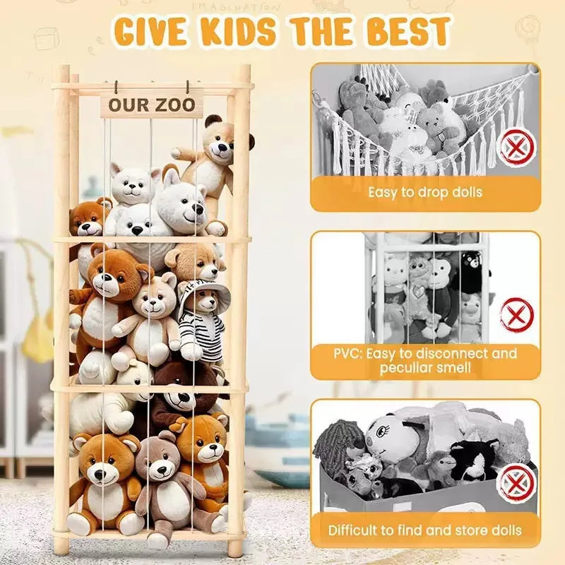 Stuffed Animal Storage Zoo, Wooden Stuffed Animal Organizer with Elastic Cords for Boys Girls, Space Saving Toy Plushies Storage Holder for Playroom, Bedroom, Living Room