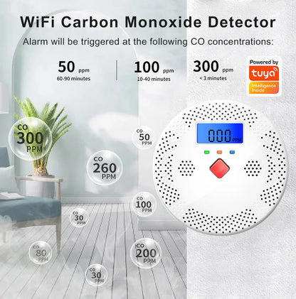 Tuya WiFi Smart Carbon Monoxide Detector Alarm 85dB Sound Warning LCD Digital Display Home Indoor CO Poisoning Siren