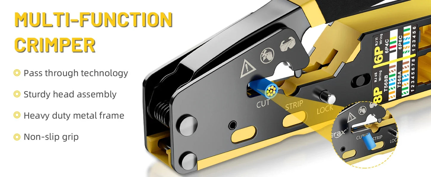 RJ45 Crimp Tool Kit All-in-One Ethernet Crimper Cat7 Cat6 Cat5 Crimping Tool with Network Cable Tester, 50-Pack Cat6 RJ45 Pass Through Connector, 50-Pack Connector Boots