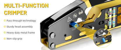 RJ45 Crimp Tool Kit All-in-One Ethernet Crimper Cat7 Cat6 Cat5 Crimping Tool with Network Cable Tester, 50-Pack Cat6 RJ45 Pass Through Connector, 50-Pack Connector Boots