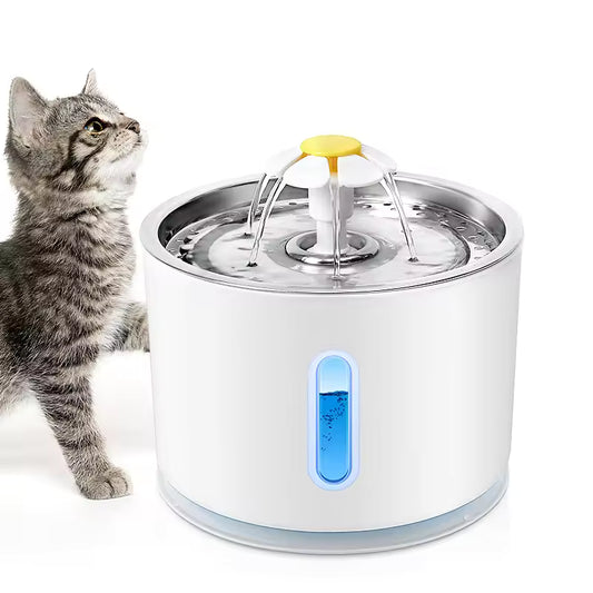 at Water Fountain Stainless Steel, Cat Fountain with Water Level Window and LED Light for Water Shortage Alert, Cat and Dog Fountain with 3 Filters and 1 Mat