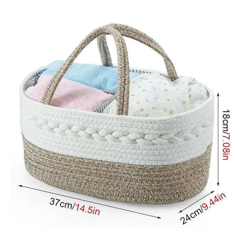 Baby Changing Basket Includes Diaper Caddy - Soft & Waterproof Dual-Cover, Portable, Changing Pad for Dresser & Changing Table, Gift for Baby Shower, Organic Cotton Rope