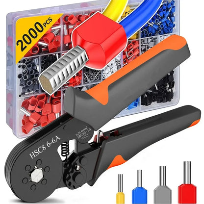 Ferrule Crimping Tool Hexagonal Self-Adjustable Ratchet Kit 23-10AWG 0.25-6mm² Crimper Kit with 400-2000pcs Wire Terminals