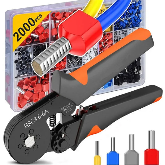 Ferrule Crimping Tool Hexagonal Self-Adjustable Ratchet Kit 23-10AWG 0.25-6mm² Crimper Kit with 400-2000pcs Wire Terminals