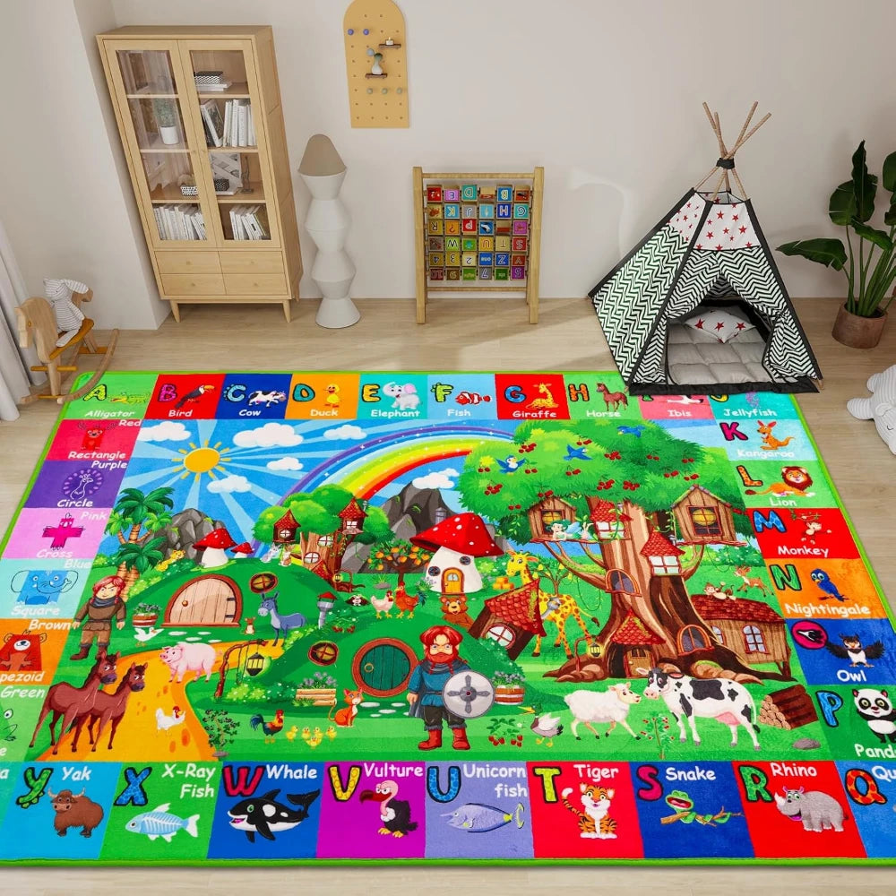 Baby Play Mat, Playpen Mat with Super Soft Touch, Activity Mats with Upgraded Anti-Slip Bottom, Machine Washable Crawling Mats for Floor & Picnic (Animal Alphabets)