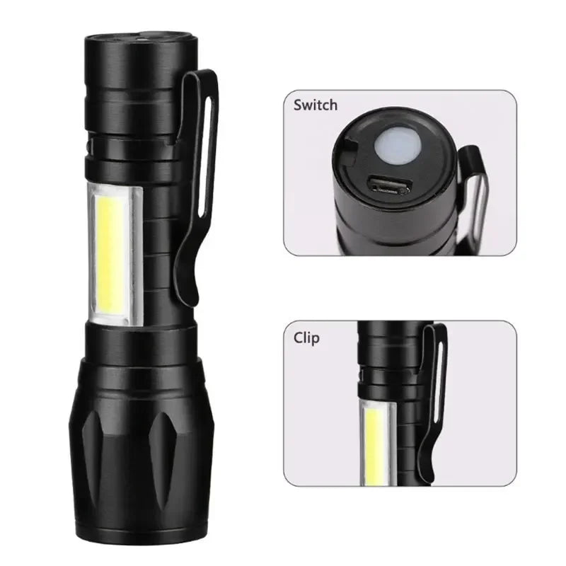 3 PCS Mini LED COB Flashlight Portable Rechargeable Torch with Pen Clip Zoomable Waterproof Light Tactical Lamp Camping Lantern