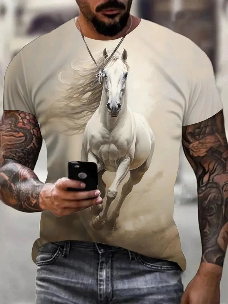 Black White Horse Graphic 3d Full Print T-shirt For Men Fashion Short Sleeve Crew Neck Tshirt Casual Summer Oversized Unisex Top