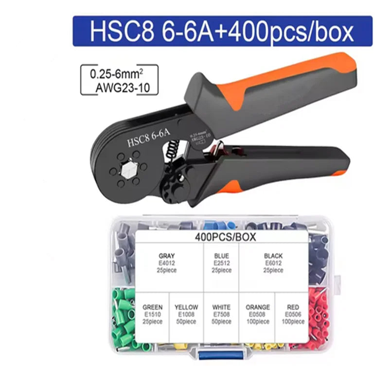 Ferrule Crimping Tool Hexagonal Self-Adjustable Ratchet Kit 23-10AWG 0.25-6mm² Crimper Kit with 400-2000pcs Wire Terminals