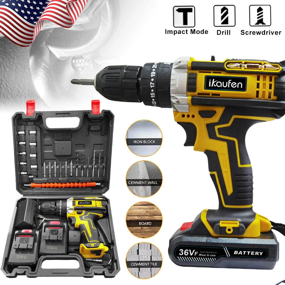 Cordless Drill: Multifunctional 21V rechargeable impact drill lithium battery cross-border flashlight gun drill electric screwdriver electric dr