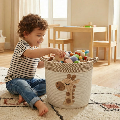 Storage Basket for Nursery – Large 29cmx29cm Cotton Rope Bin with Soft Felt Animal Patch – Toy Organizer, Baby Laundry Hamper, Diaper & Towel Holder – Foldable, Washable & Baby-Safe