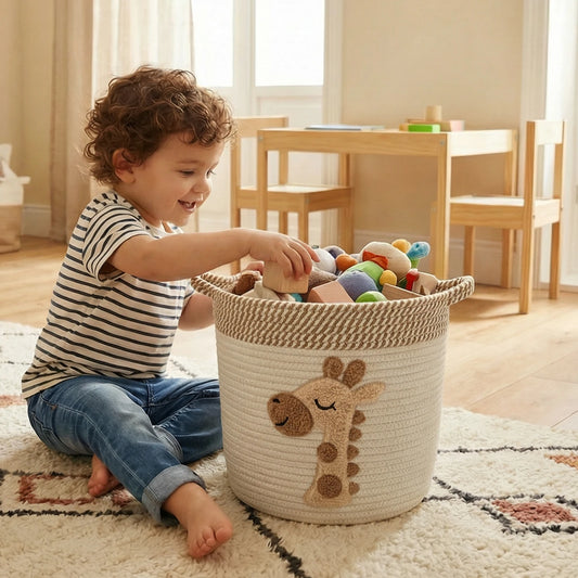 Storage Basket for Nursery – Large 29cmx29cm Cotton Rope Bin with Soft Felt Animal Patch – Toy Organizer, Baby Laundry Hamper, Diaper & Towel Holder – Foldable, Washable & Baby-Safe