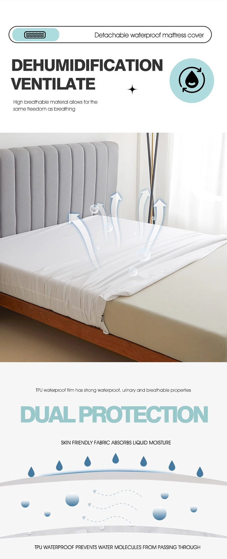Waterproof Mattress Protector with Zipper Soft & Breathable & Noiseless Antibacterial, Anti-mite Mattress Cover , Queen/King