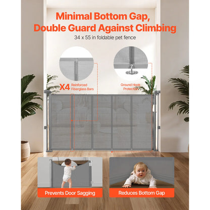 SucceBuy 55/71/110in Retractable Baby Gate 34in Tall Extends Wide Retractable Gate for Kids Pets Mesh Material Easy to Install