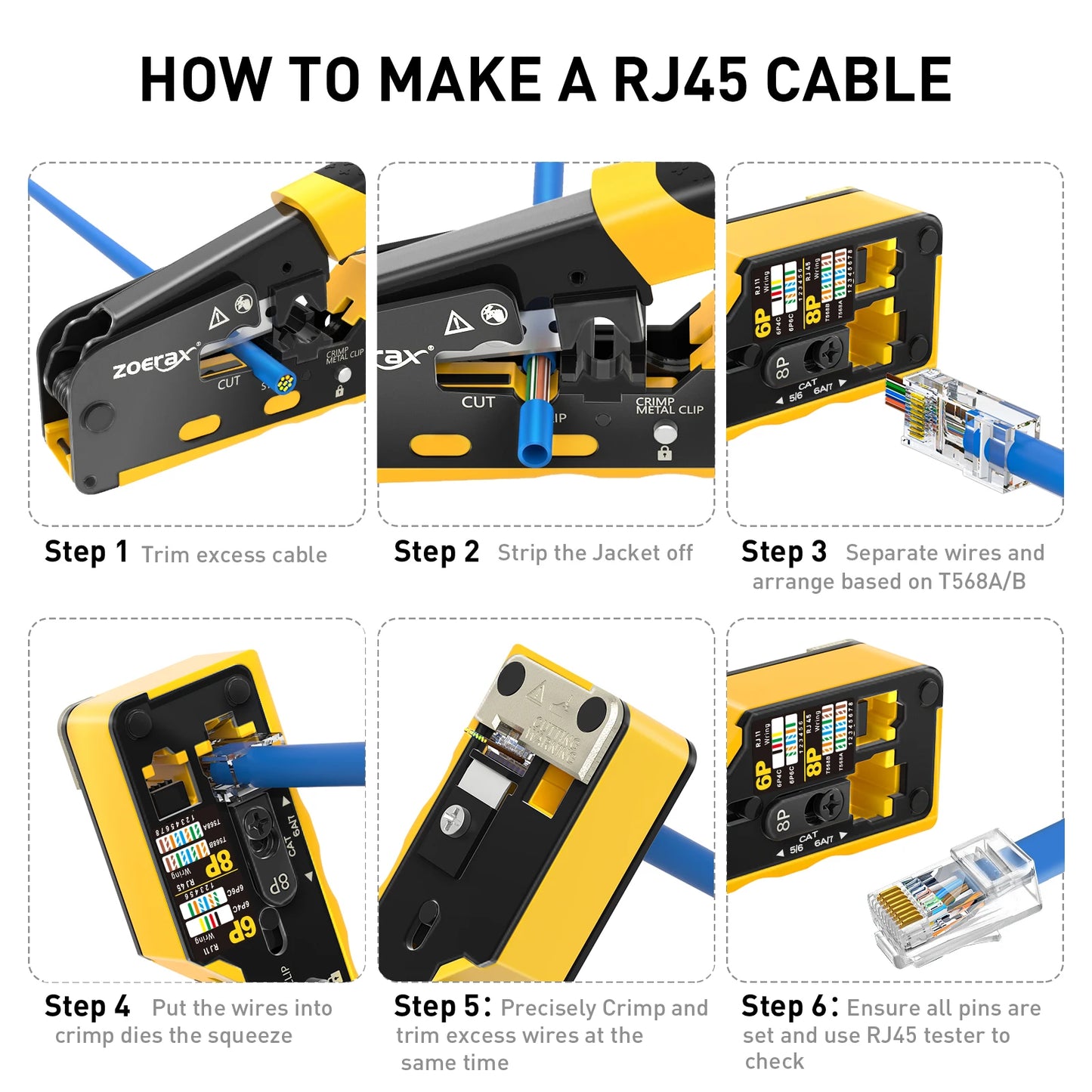 RJ45 Crimp Tool Kit Pass Thru Ethernet Crimper for Cat5e Cat6 Cat6a 8P8C Modular Connectors, All-in-One Cat6 Crimping Tool and Tester