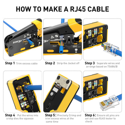 RJ45 Crimp Tool Kit Pass Thru Ethernet Crimper for Cat5e Cat6 Cat6a 8P8C Modular Connectors, All-in-One Cat6 Crimping Tool and Tester