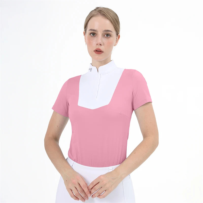 M LOGO Equestrian t-Shirts Short Sleeve Tops Horse Riding Clothing Women Button Training Rider Blouse Competition Show Top