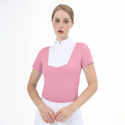 M LOGO Equestrian t-Shirts Short Sleeve Tops Horse Riding Clothing Women Button Training Rider Blouse Competition Show Top