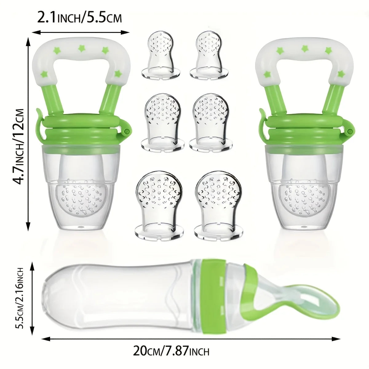 9pcs Baby Feeding Set: 1pc Silicone Squeeze Feeding Bottle With Spoon, 2pcs Fruit Feeder Pacifiers, 6pcs Mesh Pouches (2pcs S+2p