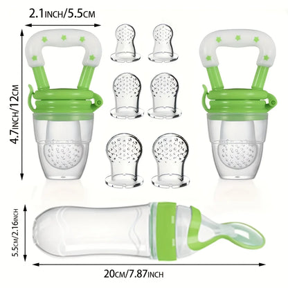 9pcs Baby Feeding Set: 1pc Silicone Squeeze Feeding Bottle With Spoon, 2pcs Fruit Feeder Pacifiers, 6pcs Mesh Pouches (2pcs S+2p