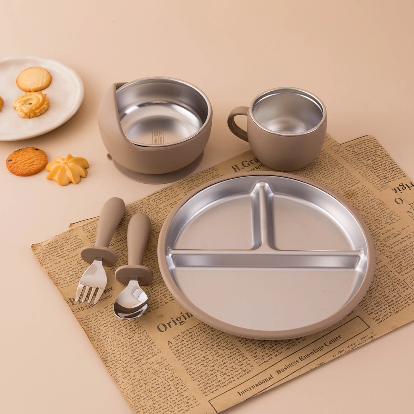 5PCS Baby Feeding Set | Stainless Steel Suction Plates and Bowls with Silicone Fork and Spoon Utensils | Baby Led Weaning Tableware for Toddlers & Kids