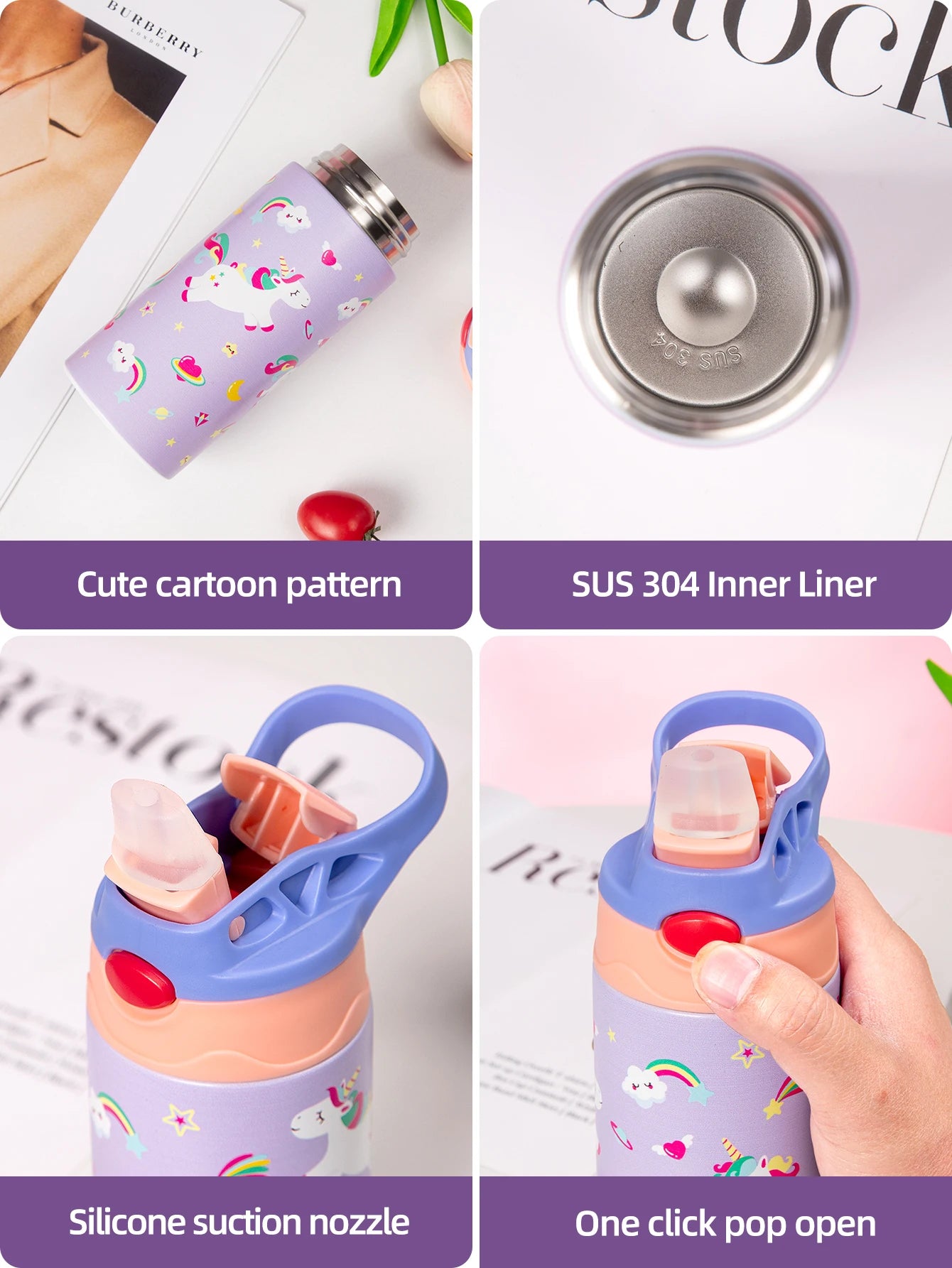 Kids Insulated Water Bottle with Straw Lid & Handle Stainless Steel Metal Tumbler Leak Proof Double Wall Vacuum Kids Cup Toddler Water Bottle for School Boys Girls