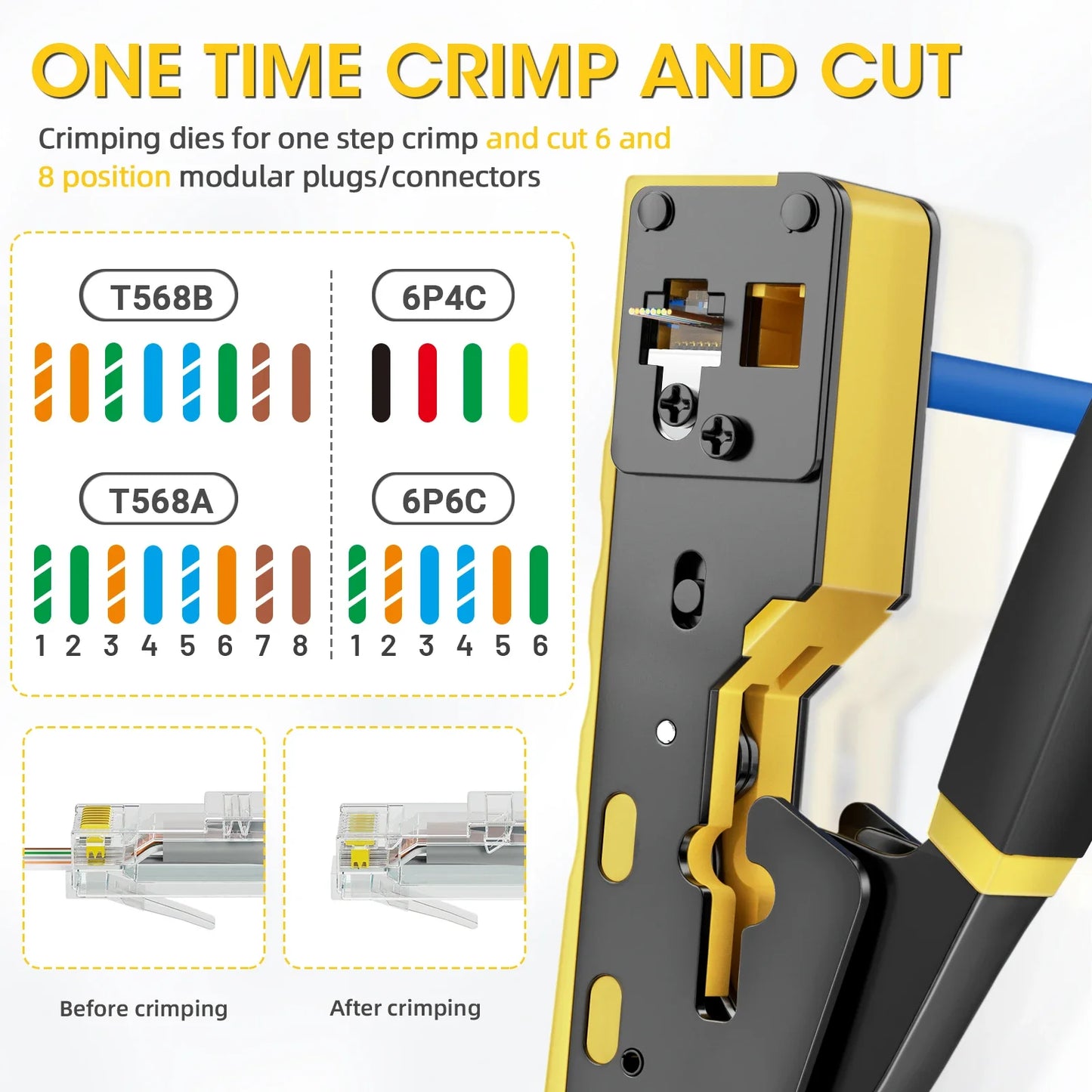 RJ45 Crimp Tool Kit All-in-One Ethernet Crimper Cat7 Cat6 Cat5 Crimping Tool with Network Cable Tester, 50-Pack Cat6 RJ45 Pass Through Connector, 50-Pack Connector Boots